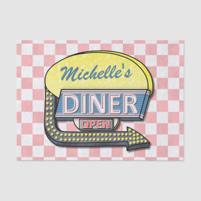 Retro Diner Sign 50s Pink Chequered Personalized Tissue Paper (Front)