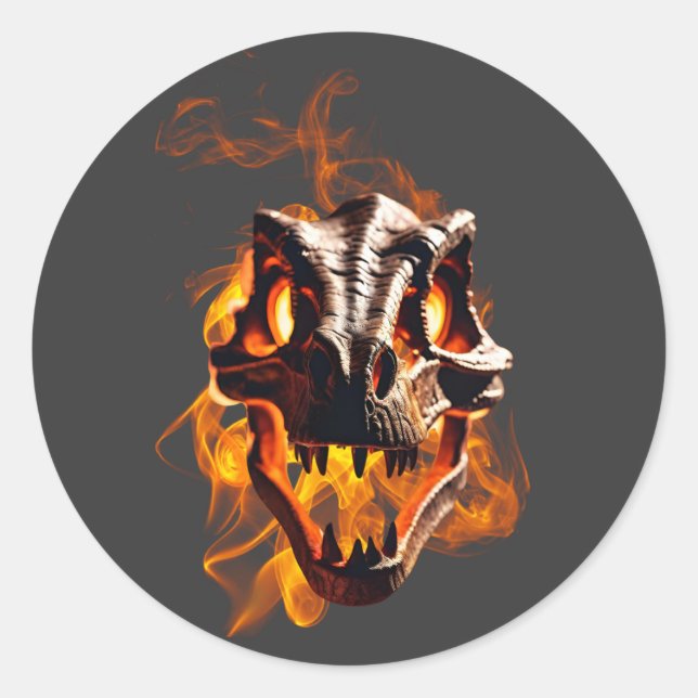  Retro Dinosaur Dead Burning Skull in Fire  Classic Round Sticker (Front)