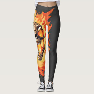  Retro Dinosaur Dead Burning Skull in Fire  Leggings