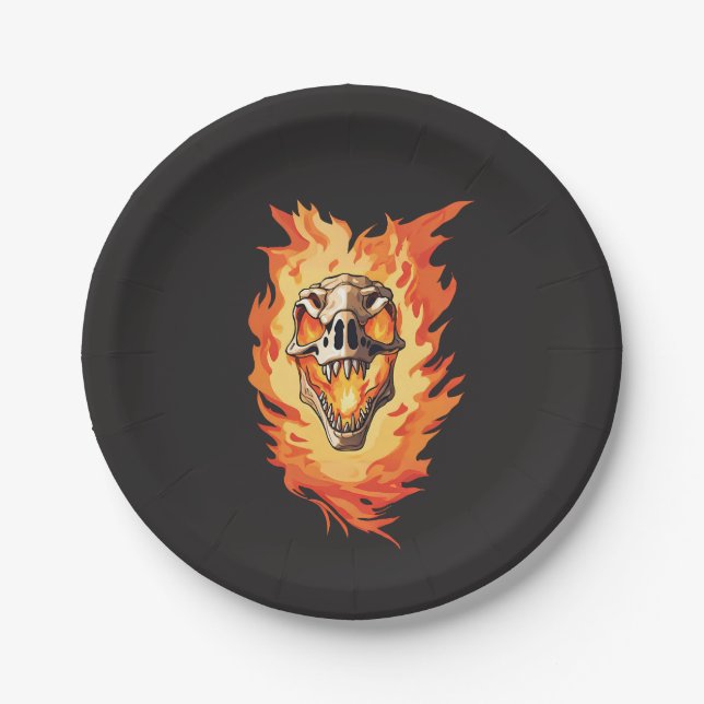  Retro Dinosaur Dead Burning Skull in Fire  Paper Plate (Front)
