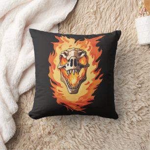 Retro Dinosaur Dead Burning Skull in Fire Throw Pillow