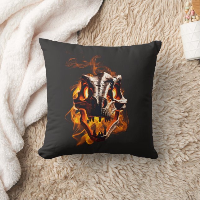  Retro Dinosaur Dead Burning Skull in Fire  Throw Pillow (Blanket)