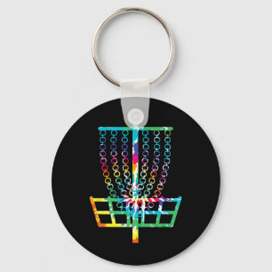 Retro Disc Golf Basket Hippie Rainbow Tie Dye Disc Keychain