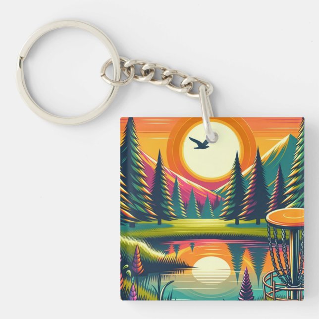 Retro Disc Golf Sunset and Trees Keychain (Front)