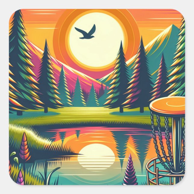 Retro Disc Golf Sunset and Trees Square Sticker (Front)
