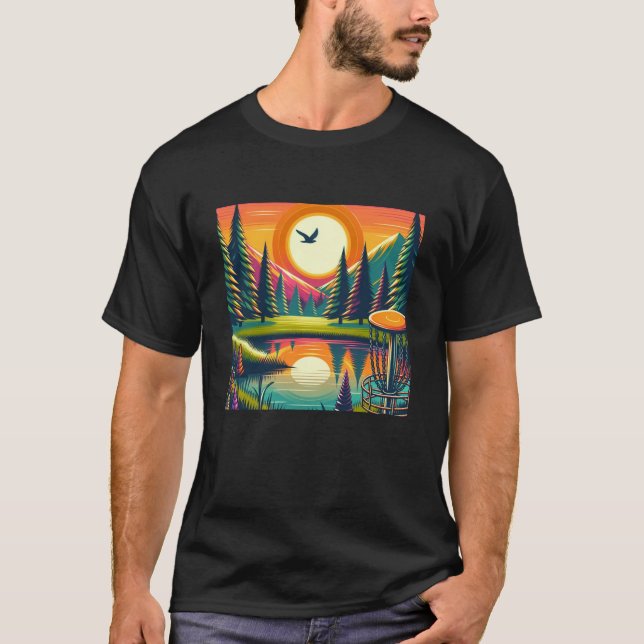 Retro Disc Golf Sunset and Trees T-Shirt (Front)