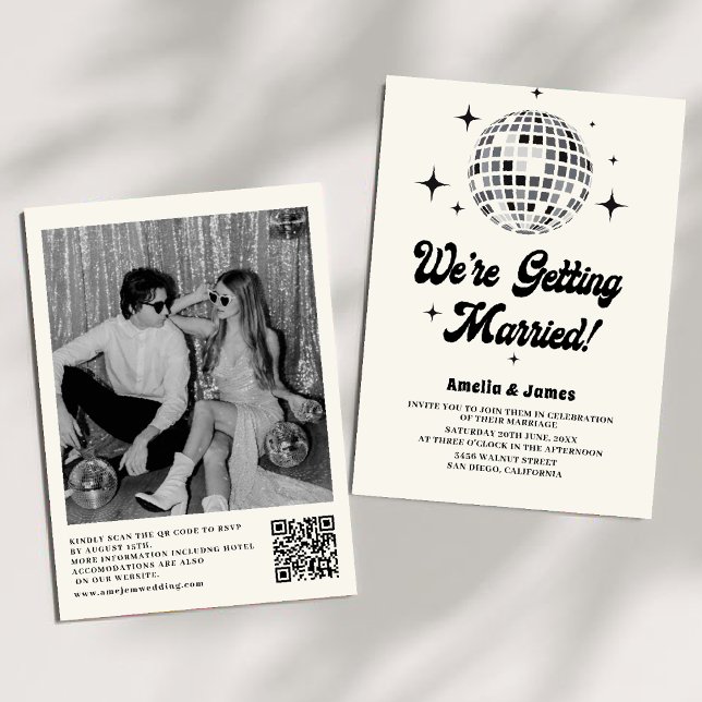 Retro Disco Ball Black White QR Code Wedding Invitation (Creator Uploaded)