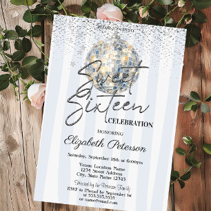 Retro Disco Ball Blue Stripes Sweet 16 Invitation