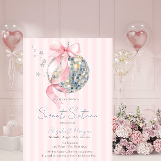  Retro Disco Ball Bow Pink Stripe Sweet 16 Invitation