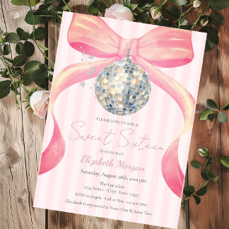Retro Disco Ball Chic Bow Pink Stripes Sweet 16 Invitation