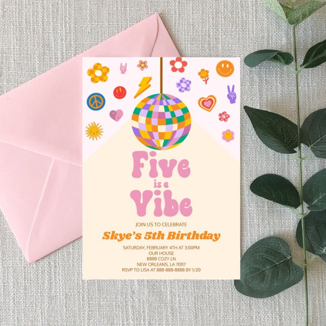 Retro Disco Ball Five Is A Vibe 5th Birthday Party Invitation (Creator Uploaded)