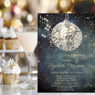 Retro Disco Ball Galaxy Stars Blue Sweet 16 Invitation