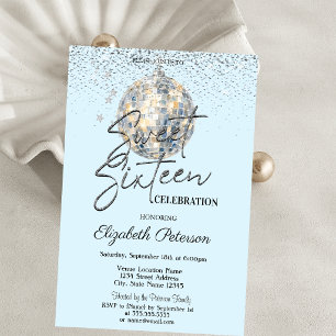 Retro Disco Ball Light Blue Sweet 16 Invitation