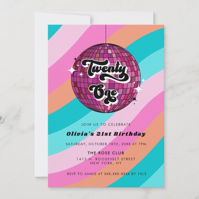 Retro Disco Ball Pink 21st Birthday Invitation (Front)