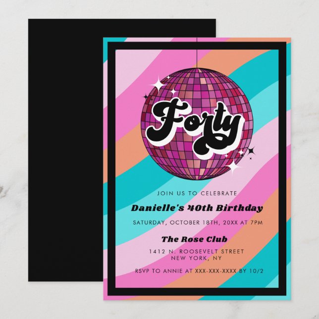 Retro Disco Ball Pink  40th Birthday Invitation (Front/Back)