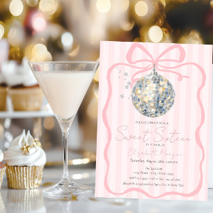 Retro Disco Ball Pink Bow Pink Stripes Sweet 16 Invitation