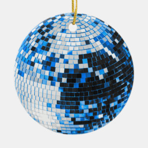 Retro disco ball sparkle glitter blue birthday ceramic ornament