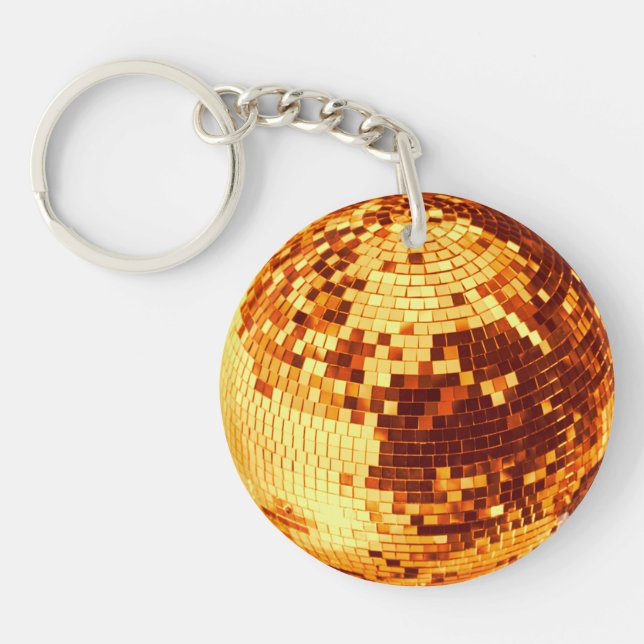 Retro disco ball sparkle glitter gold birthday keychain (Front)