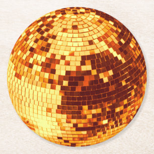 Retro disco ball sparkle glitter gold birthday round paper coaster