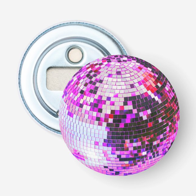 Retro disco ball sparkle glitter pink birthday bottle opener (Front)