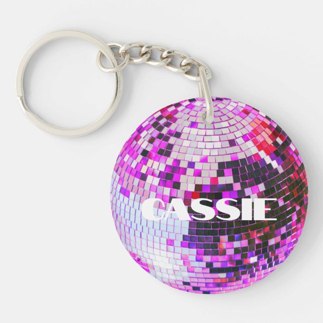 Retro disco ball sparkle glitter pink birthday keychain (Front)