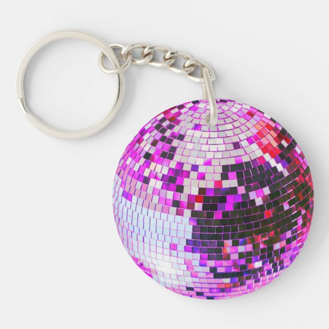 Retro disco ball sparkle glitter pink birthday keychain (Front)