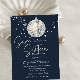  Retro Disco Ball Stars Navy Blue Sweet 16  Invitation
