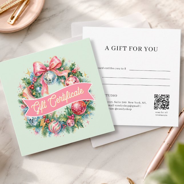 Retro Disco Christmas Wreath QR Code Gift Card (Retro Disco Christmas Wreath QR Code Green Gift Certificate)