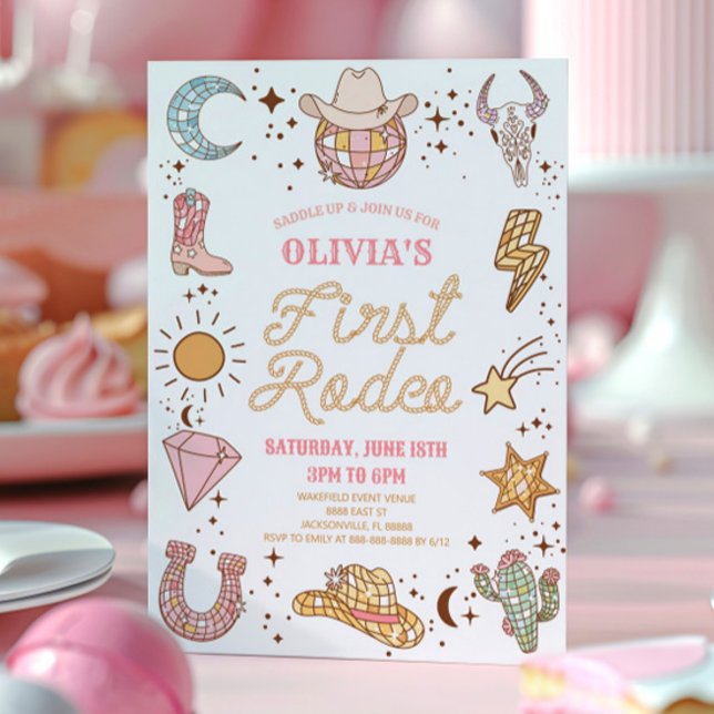 Retro Disco Cowgirl First Rodeo 1st Birthday Party Invitation (Creator Uploaded)