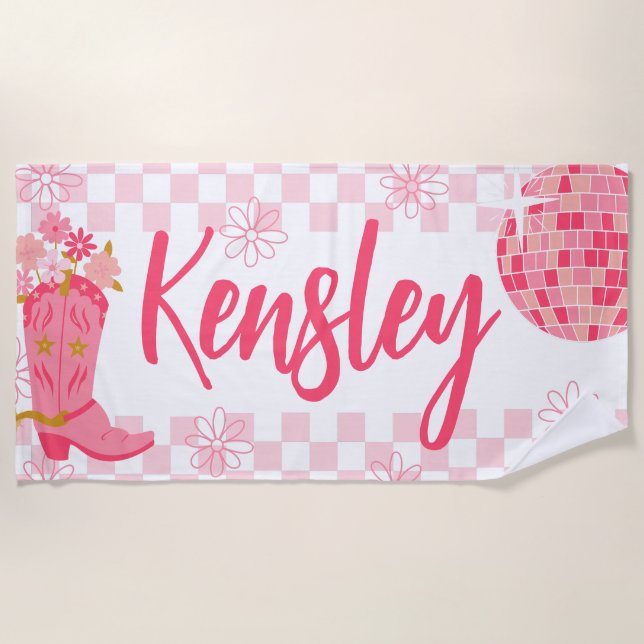 Retro Disco Cowgirl Style Personalized Beach Towel (Front)