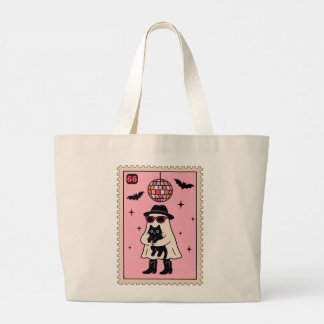 Retro Disco Ghost with Black Cat Halloween Stamp Large Tote Bag