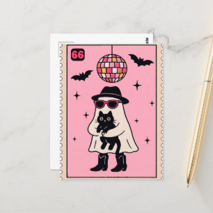 Retro Disco Ghost with Black Cat Halloween Stamp Postcard