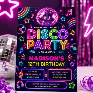 Retro Disco Party Neon Glow Birthday Invitation
