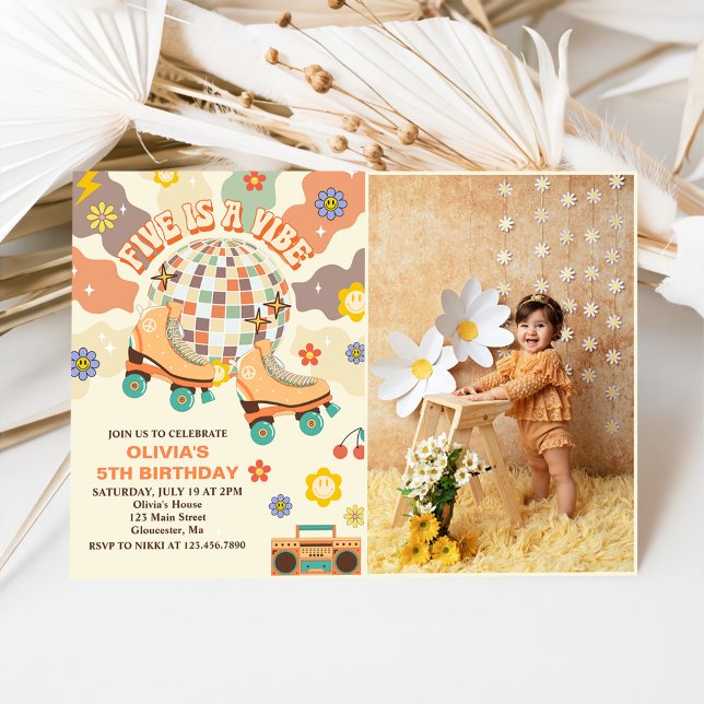 Retro Disco Roller Skate 5th Birthday Photo Invitation (Creator Uploaded)