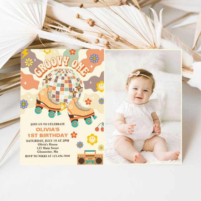 Retro Disco Roller Skate Groovy One 1st Birthday  Invitation (Creator Uploaded)
