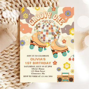 Retro Disco Roller Skate Groovy One 1st Birthday Invitation