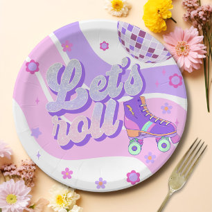 Retro Disco Roller Skate Let's Roll 1st Birthday Paper Plate