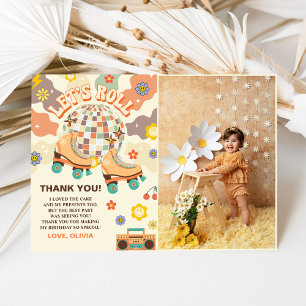 Retro Disco Roller Skate Let's Roll Birthday Photo Thank You Card