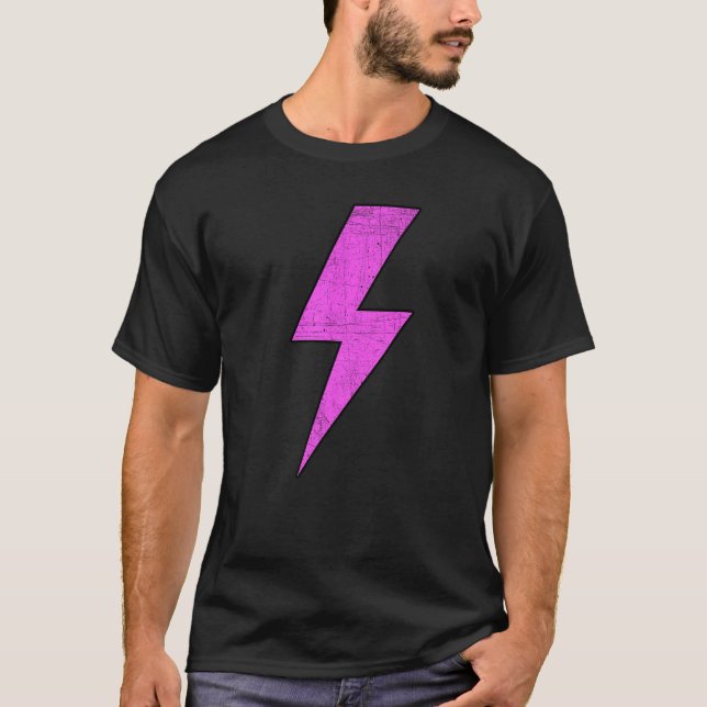 Retro Distressed Front & Back PINK Lightning Bolt  T-Shirt (Front)