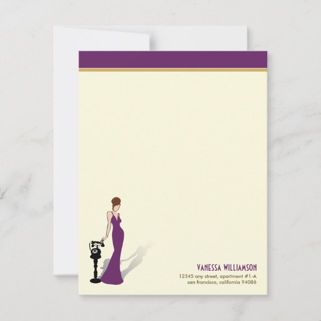 Retro Diva Custom Flat Note Cards (purple) (Front)