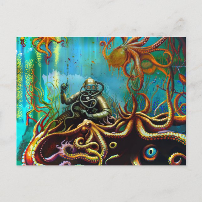 Retro Diver Wearing a Metal Diving Suit Octopus Postcard (Front)
