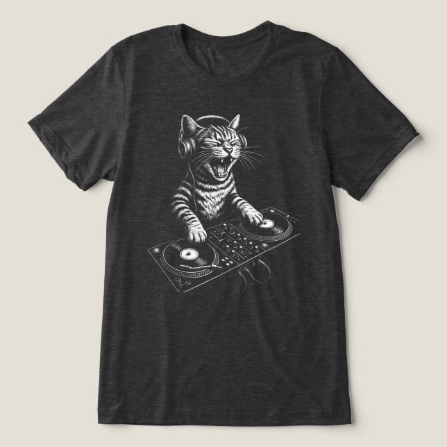 Retro DJ Cat Scratching Vinyl Tri-Blend Shirt (Design Front)