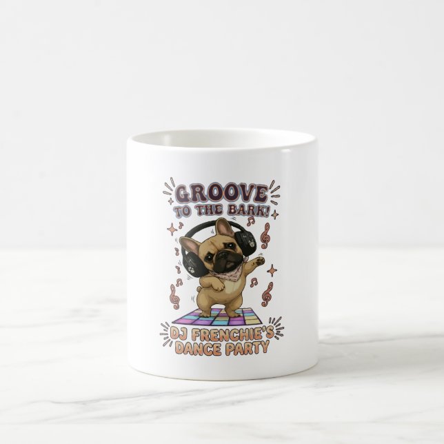 Retro DJ Frenchie Dance Party Graphic Coffee Mug (Center)