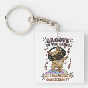 Retro DJ Frenchie Dance Party Graphic Keychain