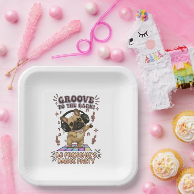 Retro DJ Frenchie Dance Party Graphic Paper Plate (Party)