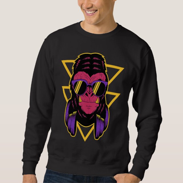 Retro DJ Gorilla with Headphones Silverback Monkey Sweatshirt (Front)