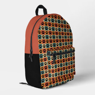 Retro Dog Paw Print Chequered Pattern Printed Backpack