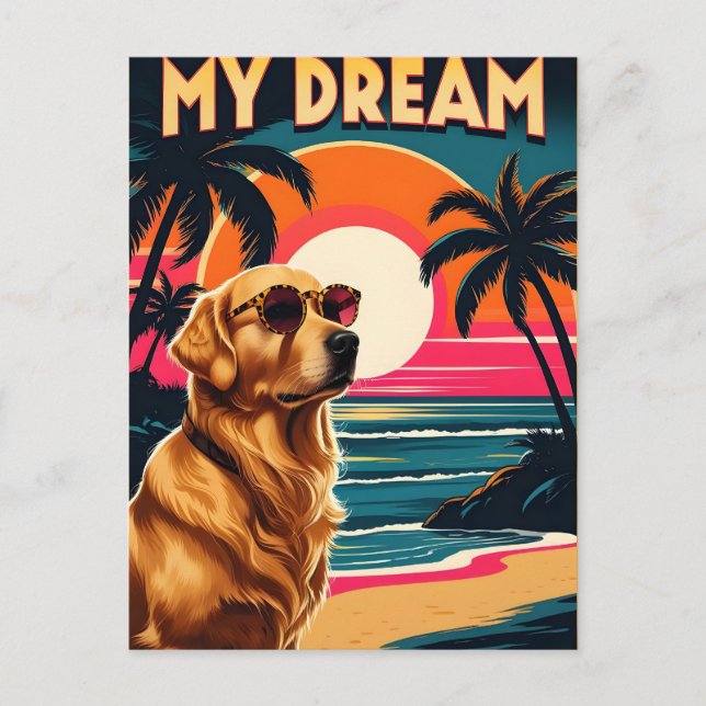 Retro Dog Sunglasses Vintage Sunset Beach  Announcement Postcard (Front)
