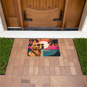 Retro Dog Sunglasses Vintage Sunset Beach  Doormat