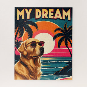 Retro Dog Sunglasses Vintage Sunset Beach Jigsaw Puzzle